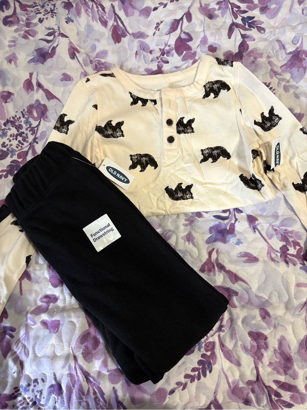 Old Navy Cream Bear Print Henley Top with Black Pajama Pants